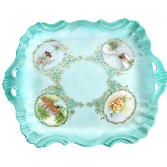 Vintage MCM Hand Painted Gold Victorian Trinket Dish Vanity Tray Signed 9" x 7" - Picture 2 of 7